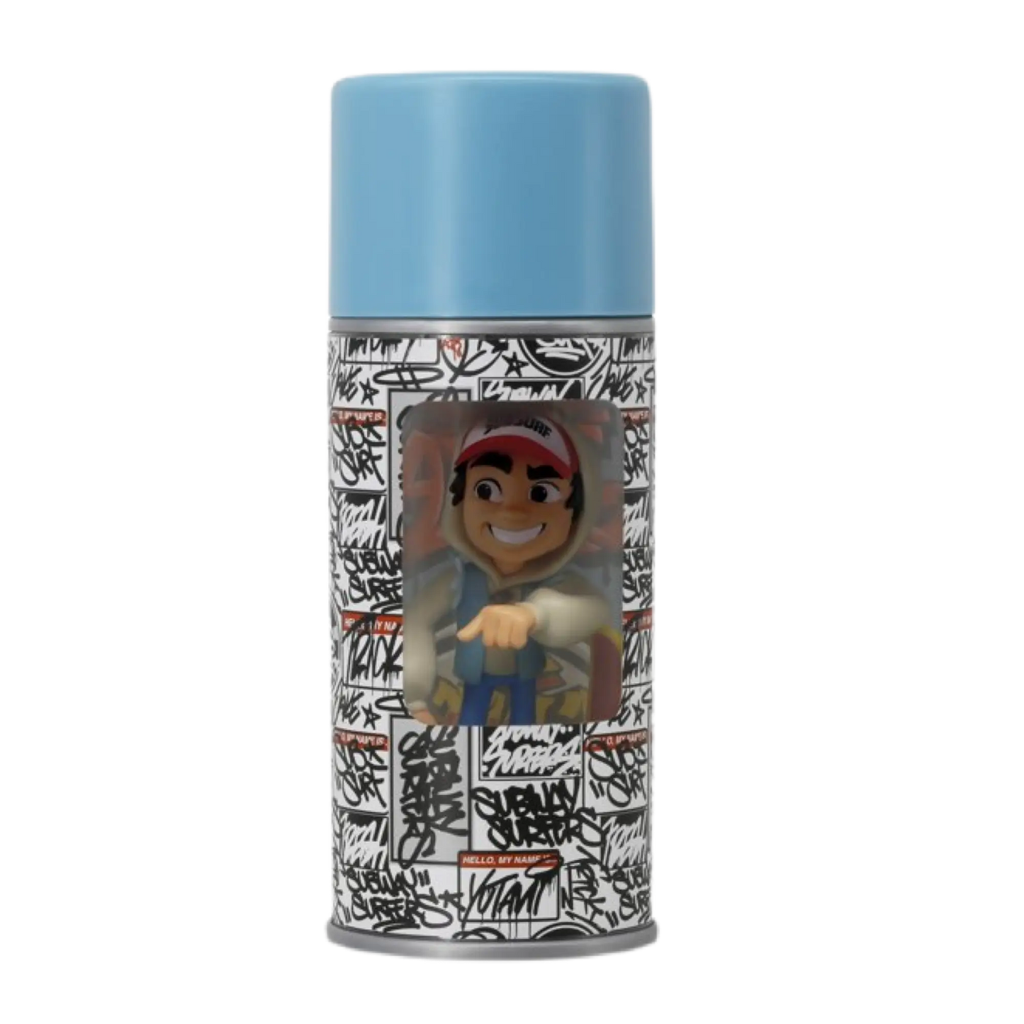 Blue subway surfers figure inside spray can packaging