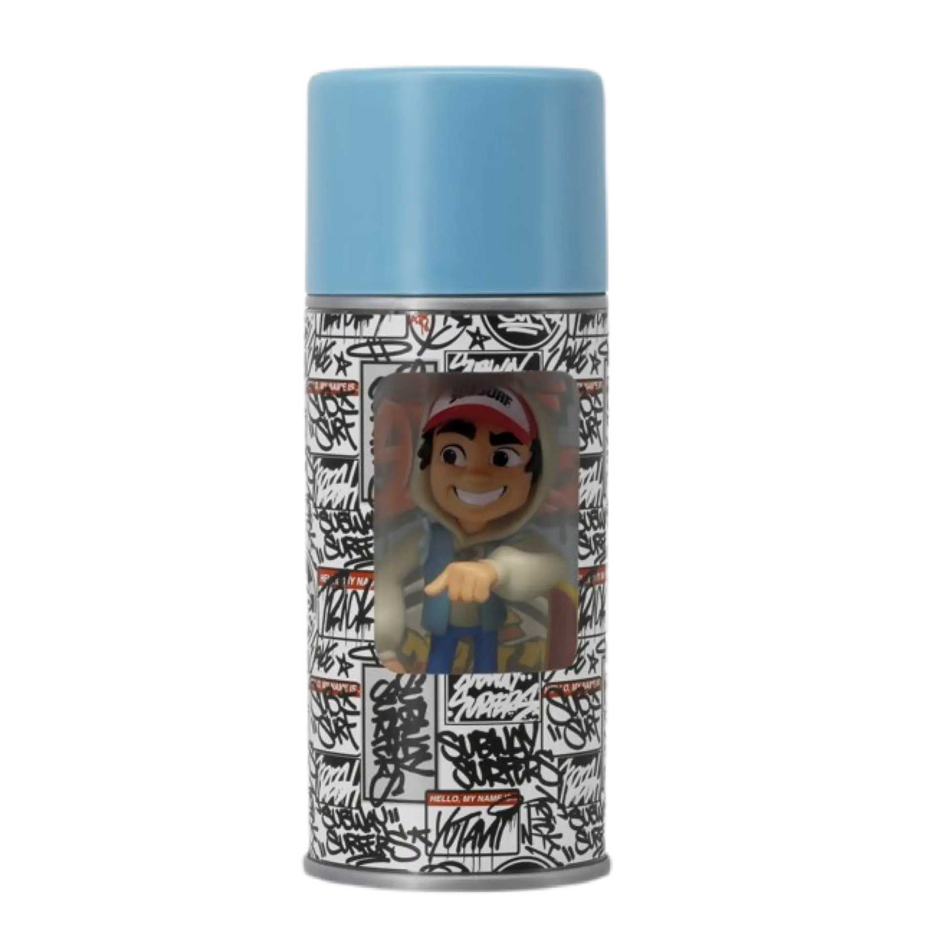 Blue subway surfers figure inside spray can packaging