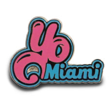 YO Miami pin in Pink/Blue enamel with graffiti styling, a wearable accessory for outfits or bags.