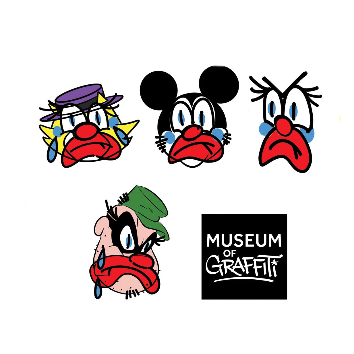 Four cartoon face graphics arranged on a white background, with a black square logo reading 'Museum of Graffiti' at the bottom right.
