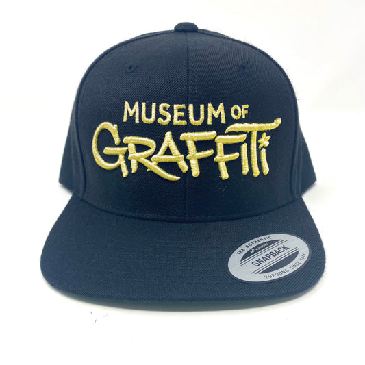 Embroidered Logo Snapback Hat Black w/ Gold Embroidery